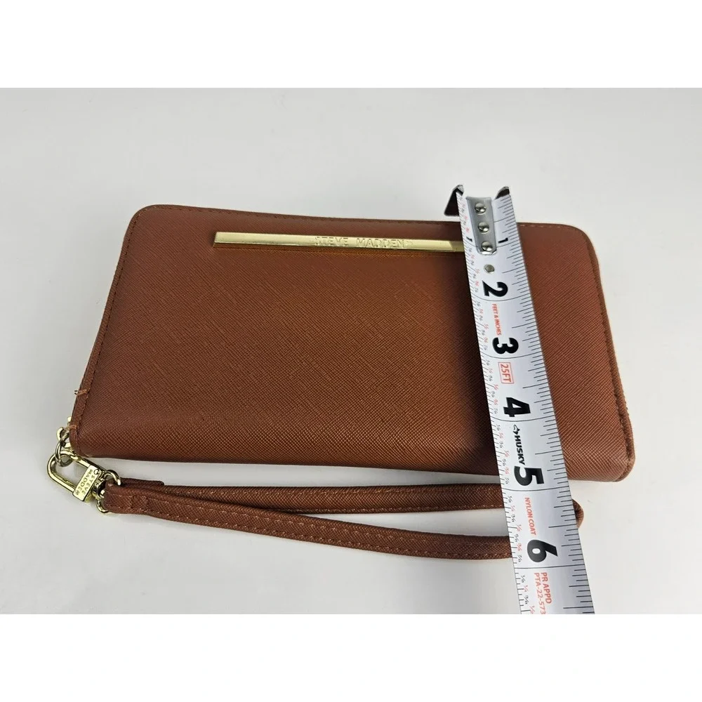 Steve Madden‎ Zip Around Wristlet Wallet Cognac Brown Saffiano Gold Hardware